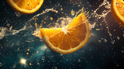 Fresh orange slices and drops of juice, banner for cafe