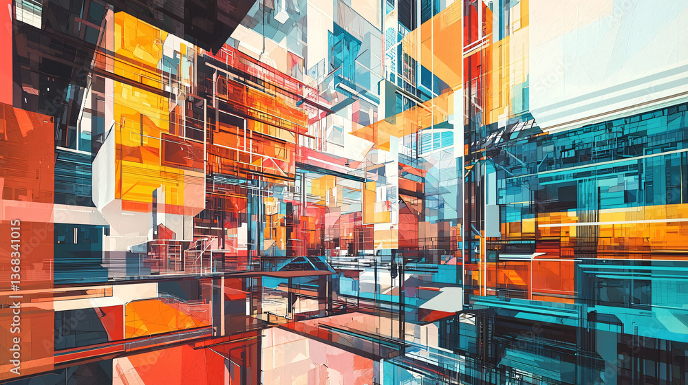 Poster urban cityscape featuring many buildings depicted in cubist-inspired abstraction showcasing the frag
