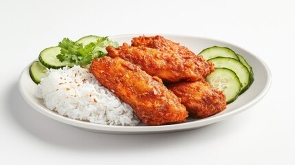 Fototapeta premium Crispy Fried Chicken with Rice and Cucumbers