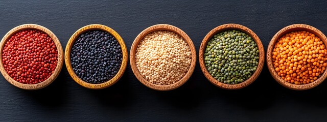 Naklejka premium A minimalist still life showcasing an assortment of earthy toned high protein legumes and whole grains in a symmetrical natural lit studio setting
