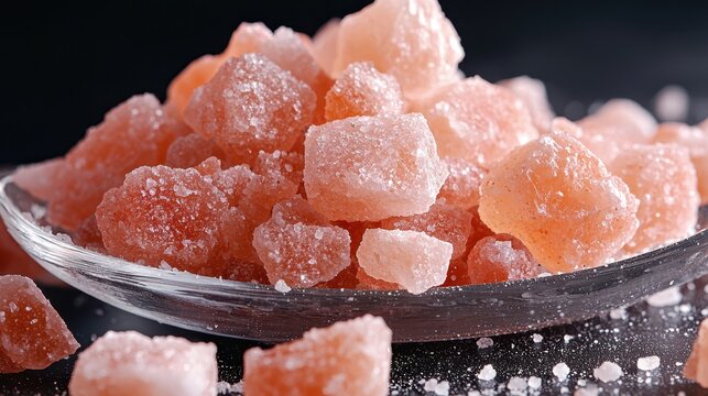 Pink Himalayan Salt Crystals in a Glass Dish with Glistening Grains on Dark Surface - Powered by Adobe