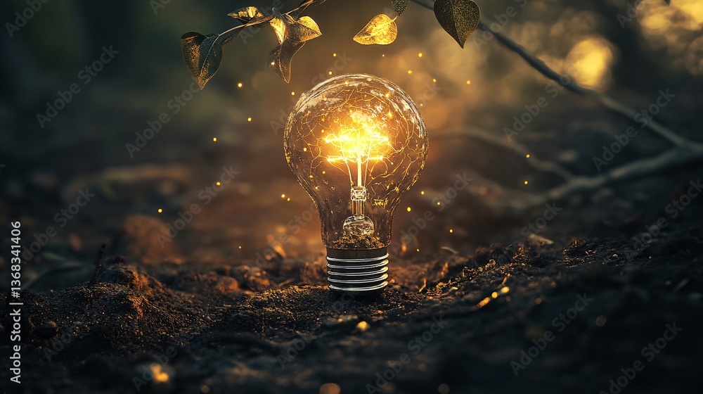 Aufkleber glowing light bulb illuminating dark soil with magical particles falling from leaves