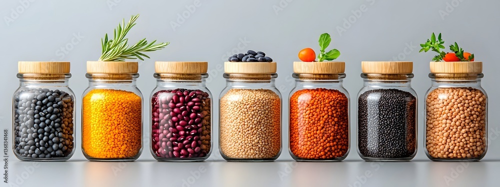 Poster a neat and tidy arrangement of various glass jars and wooden bowls filled with an assortment of colo