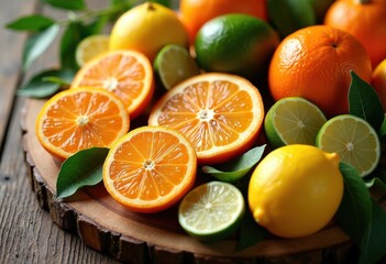 vibrant citrus fruits collection sliced rustic wooden board fresh colors textures, lime, peel, zest, juicy, round, display, natural, arrangement, healthy
