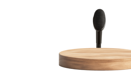 Microphone on wooden podium isolated, cut out transparent