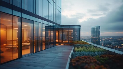 A modern rooftop terrace offering city skyline views at dusk