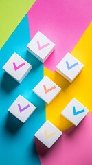 Colorful check marks on white cubes over multicolored background representing validation and approval