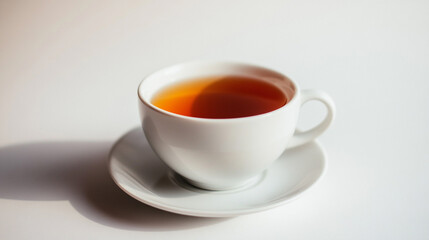 A white teacup filled with dark tea sits on a matching saucer against a plain white background in studio light