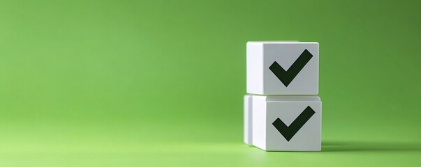 Two white check mark cubes stacked on green background representing validation and success