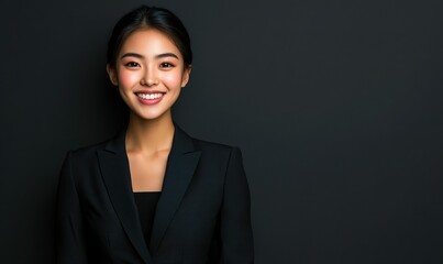A confident and self esteem female executive in a sharp black suit stands against a dark themed background, exuding power and elegance.