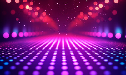 Abstract bokeh lights background with glowing particles and colorful light effects on a dark purple, pink, and orange gradient background.