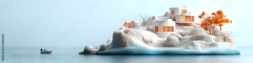 Poster a serene and minimalist landscape featuring a collection of architectural structures on a remote coa