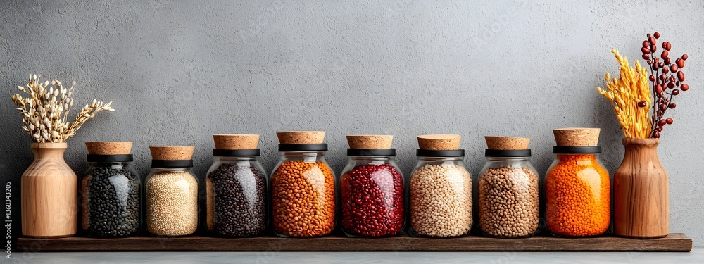Poster a simple artful arrangement of various beans lentils and whole grains stored in a thoughtful selecti