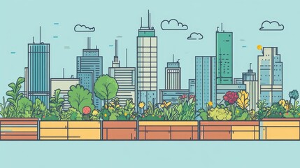 Obraz premium Flat Line Illustration of an urban rooftop garden 01