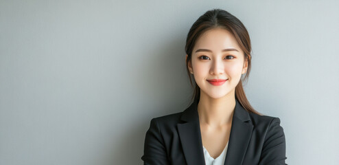 A confident and self esteem female executive in a sharp black suit stands against a dark themed background, exuding power and elegance.