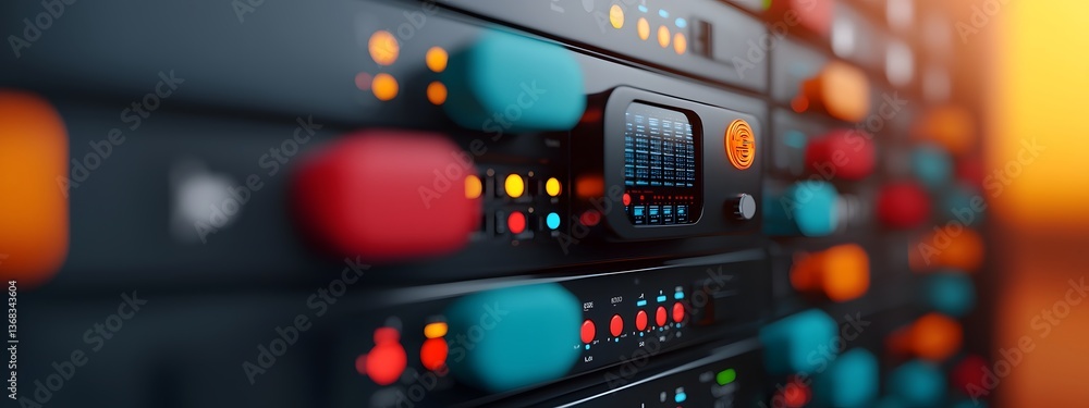 Poster a sleek minimalist server room with high tech racks featuring holographic control panels and pulsing