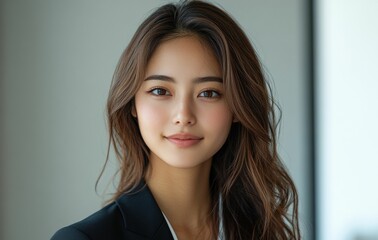Obraz premium A confident and self esteem female executive in a sharp black suit stands against a dark themed background, exuding power and elegance.