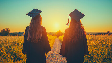 Smiling Duo of New Graduates in Caps and Gowns, Eager for a Bright Future