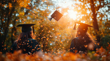 Two Confident Graduates Holding Diplomas Under Sunny Skies with Joy