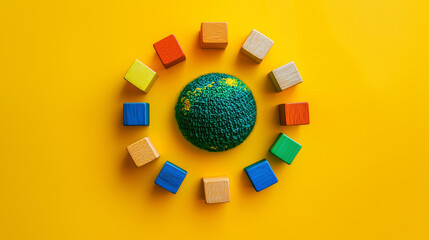 Sustainable Development Goals Concept, Colorful Wooden Blocks Encircling a Knitted Globe on Yellow Background Global Education Concept