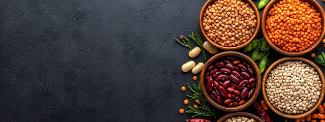 A still life arrangement of various colorful grains beans and legumes presented in a collection of wooden bowls against a simple dark background