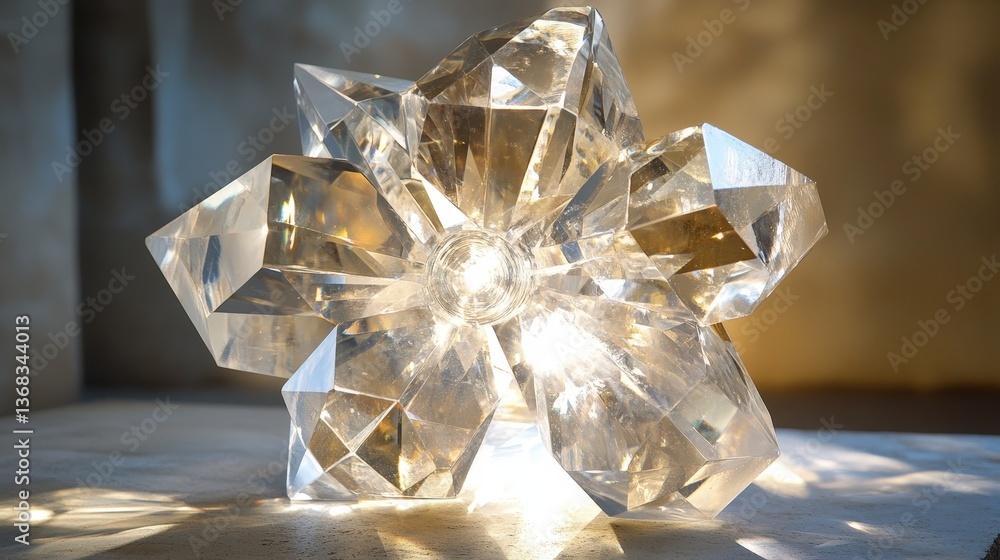Poster a beautifully crafted 3d crystal structure, refracting light in multiple directions.