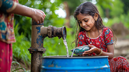Sustainable Development Goals Concept, Young Girl Collecting Water from Rural Hand Pump India Child Poverty