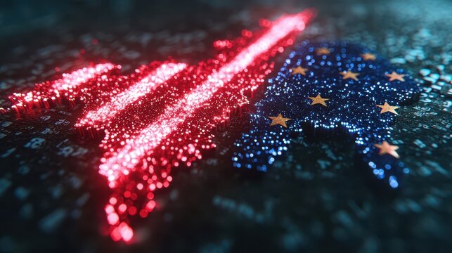 Digital Financial Graph Split Between USA and EU Flags Illustrating Stock Market Volatility with Glowing Indicators