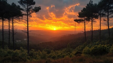 Majestic Sunset Over Hilly Landscape