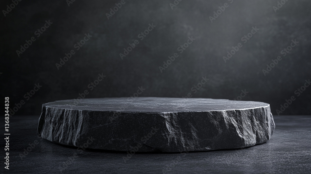 Poster a dark stone podium with a rough edge against a dark grey background in a studio setting