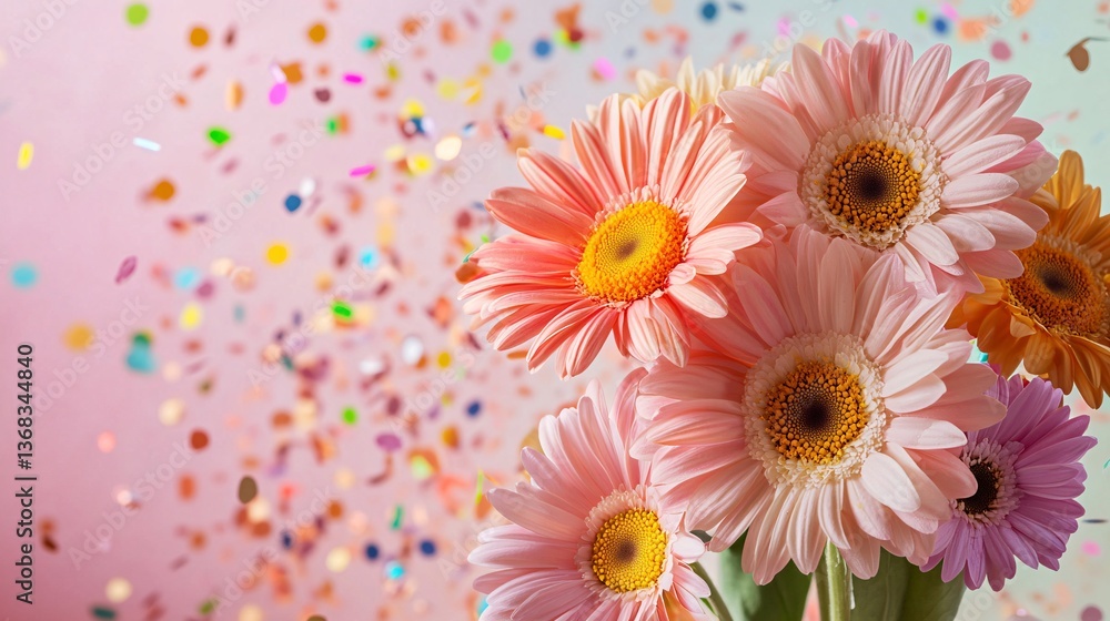 Poster gerbera flowers with falling confetti creating festive atmosphere