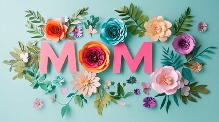 Pink paper mom lettering surrounded by colorful paper flowers and leaves for mother's day
