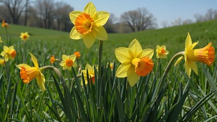 Yellow daffodils in a green meadow. Nature background wallpaper.