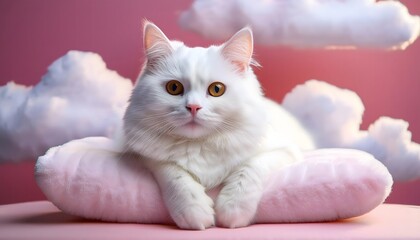 Beautiful White Cat peacefully Relaxing on a Cosy Pillow surrounded by fluffy cottony Clouds. adorable cute cat scene. Tranquility and relaxation concept.
