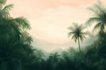Palm tree jungle in morning landscape green background.