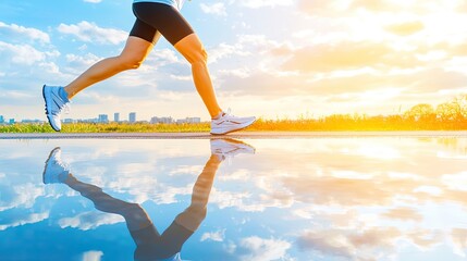Fototapeta premium Woman training for triathlon running by lake at sunset sports photography vibrant nature dynamic view