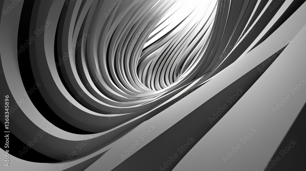Poster a dramatic black and white tunnel featuring curved lines intersecting with harsh geometric forms cre