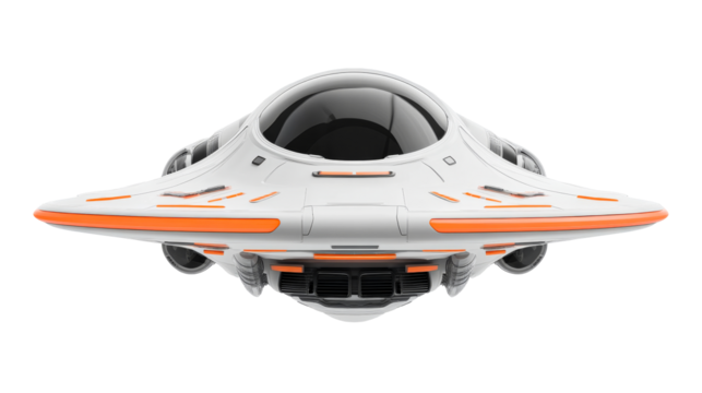 Futuristic spaceship with orange accents, science fiction design, cut out transparent