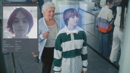 Security Checkpoint: Queue of Diverse Passengers Passing Biometric AI Face Scanning at Border...