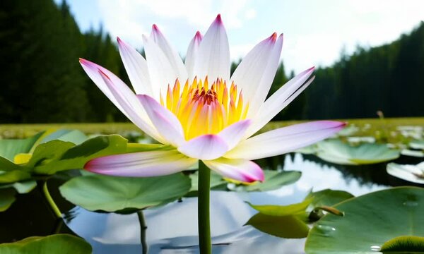 A serene water lily blossoms in a tranquil forest pond during daylight