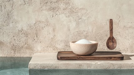 Salt in a Dish Beside a Pool with a Floating Spoon and Neutral Backdrop