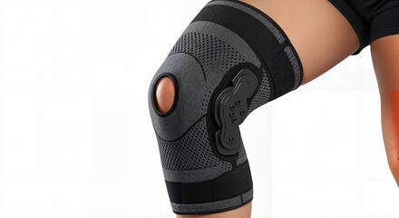 Premium hinged knee brace with stabilizers, athletic use, macro view, copy space