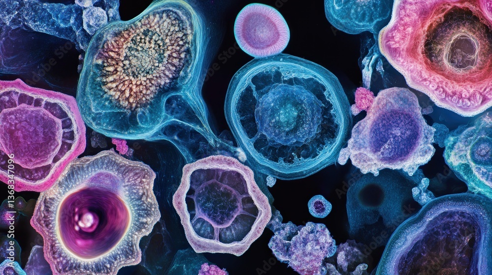 Poster colorful abstract microscopic images of multiple cellular structures depicted