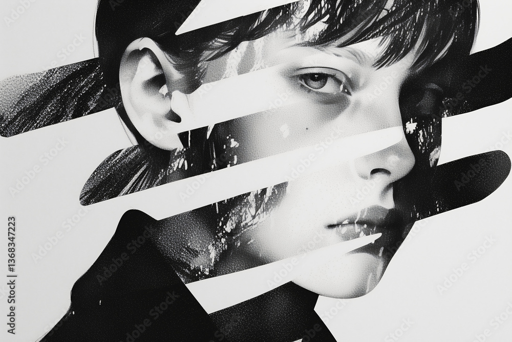 Poster deconstructed portrait: a striking monochrome portrait of a woman, artfully fragmented with bold lin