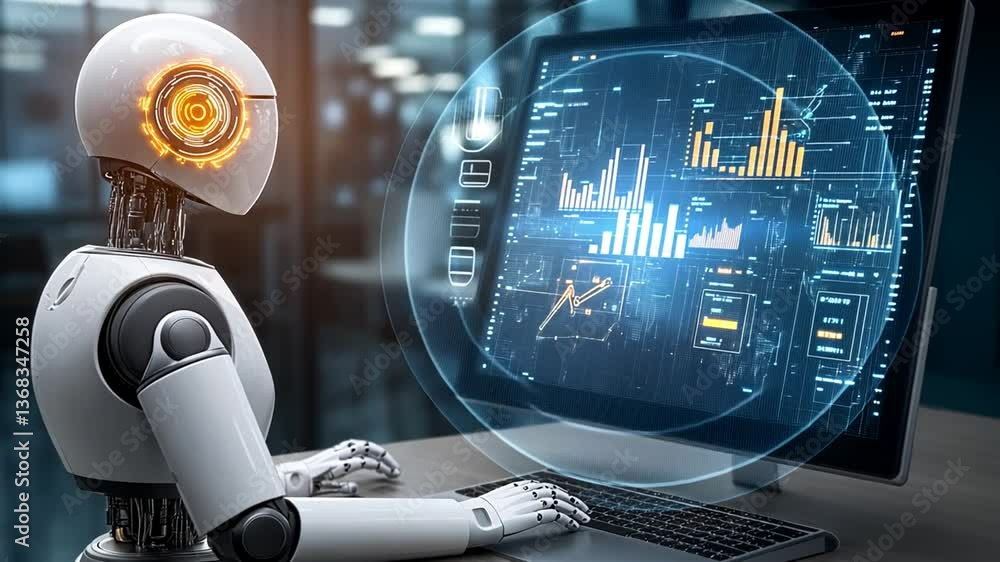 Poster robot assistant shows productivity dashboard in office generative ai