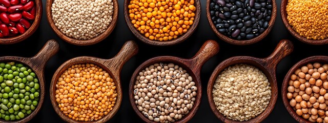 A variety of colorful beans lentils peas and grains displayed in a rustic arrangement of handcrafted wooden bowls creating a natural and wholesome vibe
