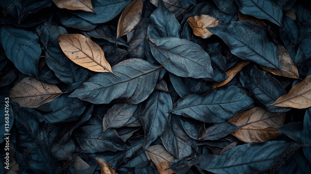 Poster a dense collection of dark blue leaves with scattered brown leaves creating a textured background
