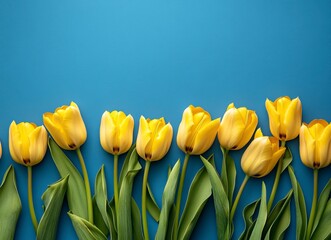 Obraz premium Spring yellow tulips on blue background with copy space for text, flat lay top view stock photo contest winner, award winning photography, stockphoto, high resolution, detailed, sharp focus,