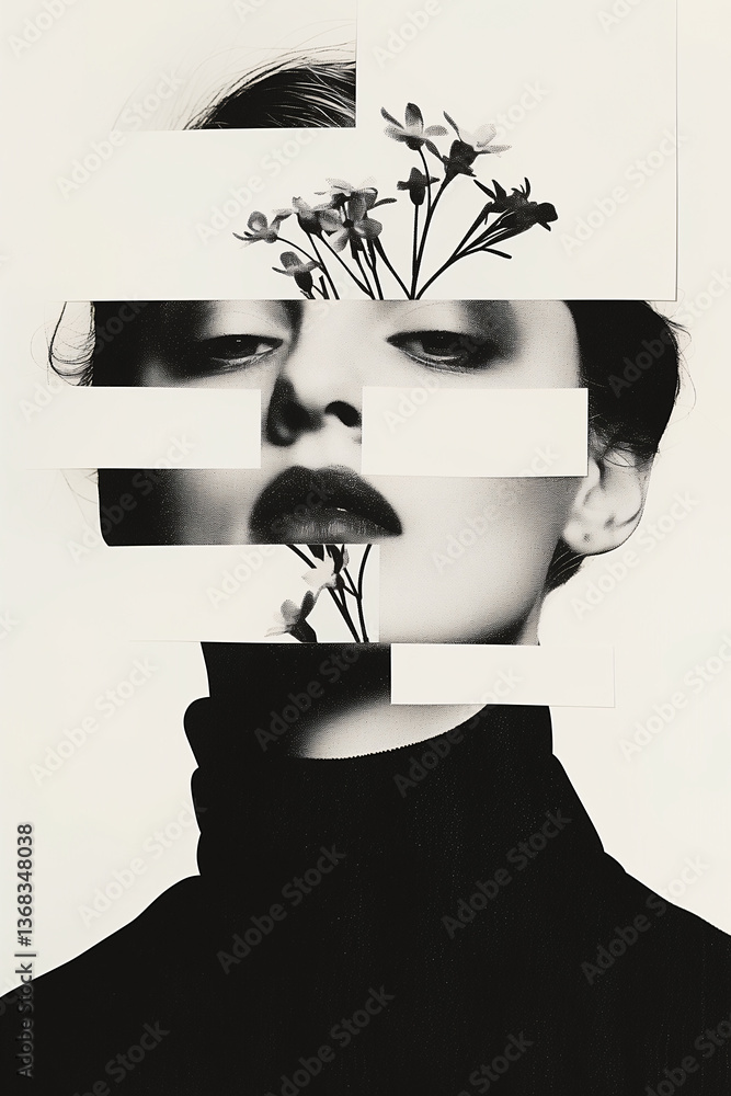 Poster fragmented bloom: an artistic portrait of a woman's face, meticulously segmented with delicate flowe