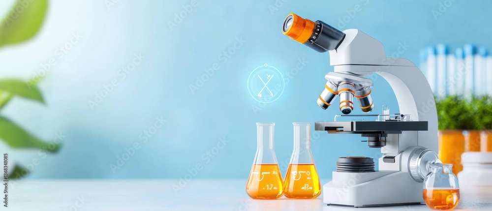 Poster a high-tech, futuristic microscope scanning and analyzing a sample and test tubes in a modern, digit